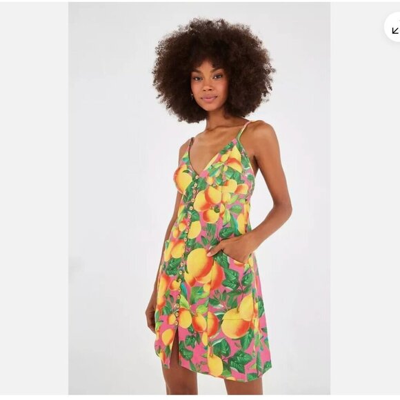 FARM Rio Orange Sunset Boho Summer Fruit Print Strappy Linen Dress Size X-Large - Picture 4 of 4